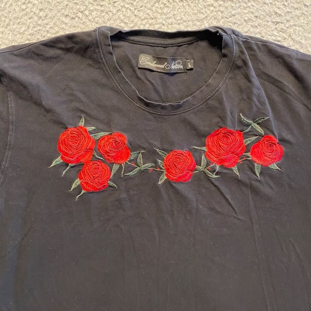 Embroidered Black Shirt with Red Roses